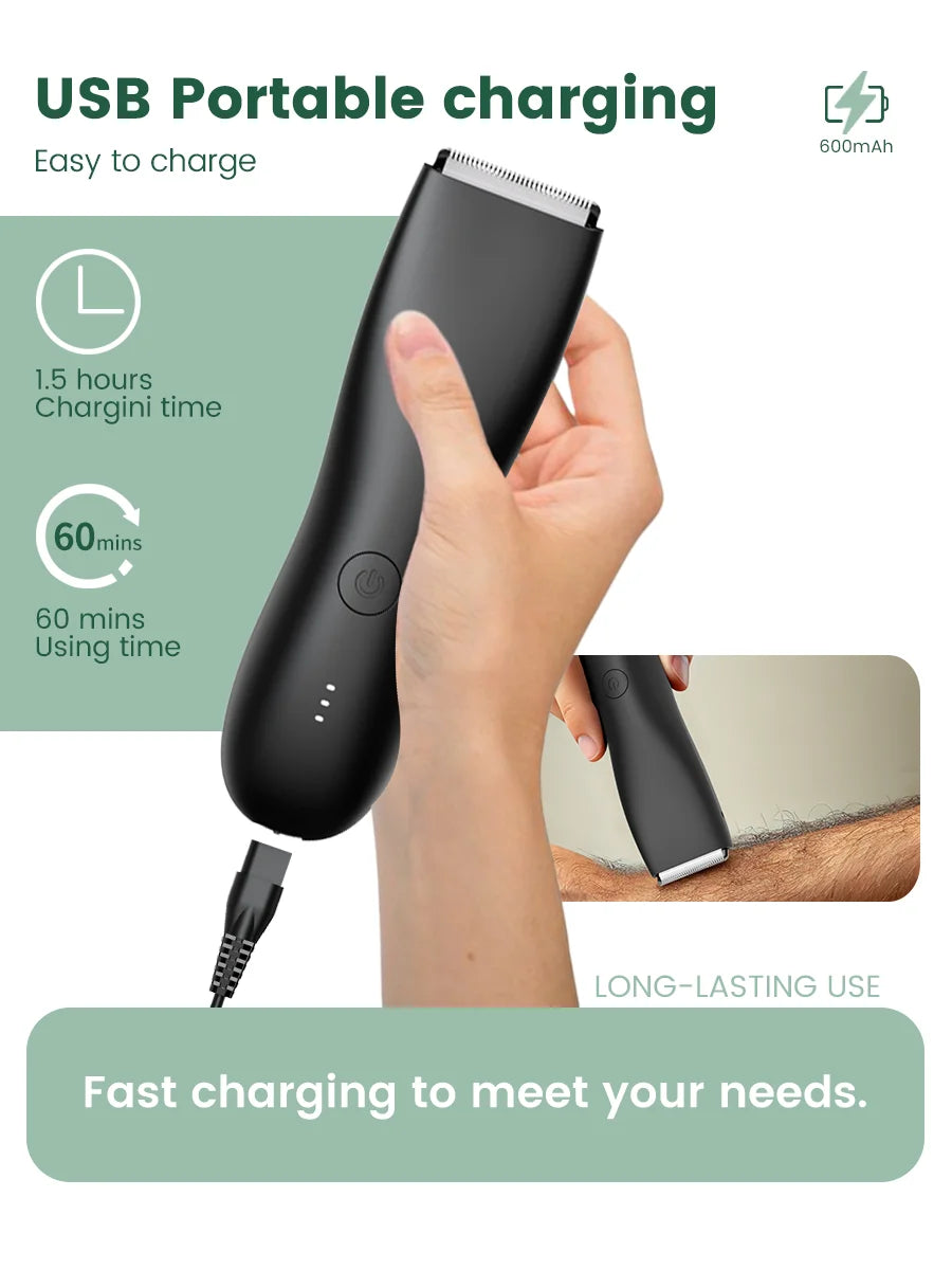 A hand holds a black USB portable charging device for an electric body shaver trimmer.