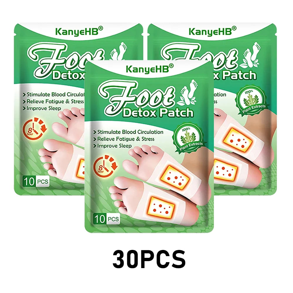 A package of 30 foot detox patches for stress relief and detoxification, packaged in green and white.