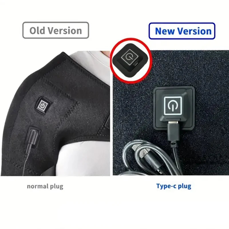 Comparison of an old version and a new version of a USB heated shoulder massage belt with normal plug and Type-c plug.