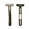 A pair of black double-edge safety razors shown side by side.
