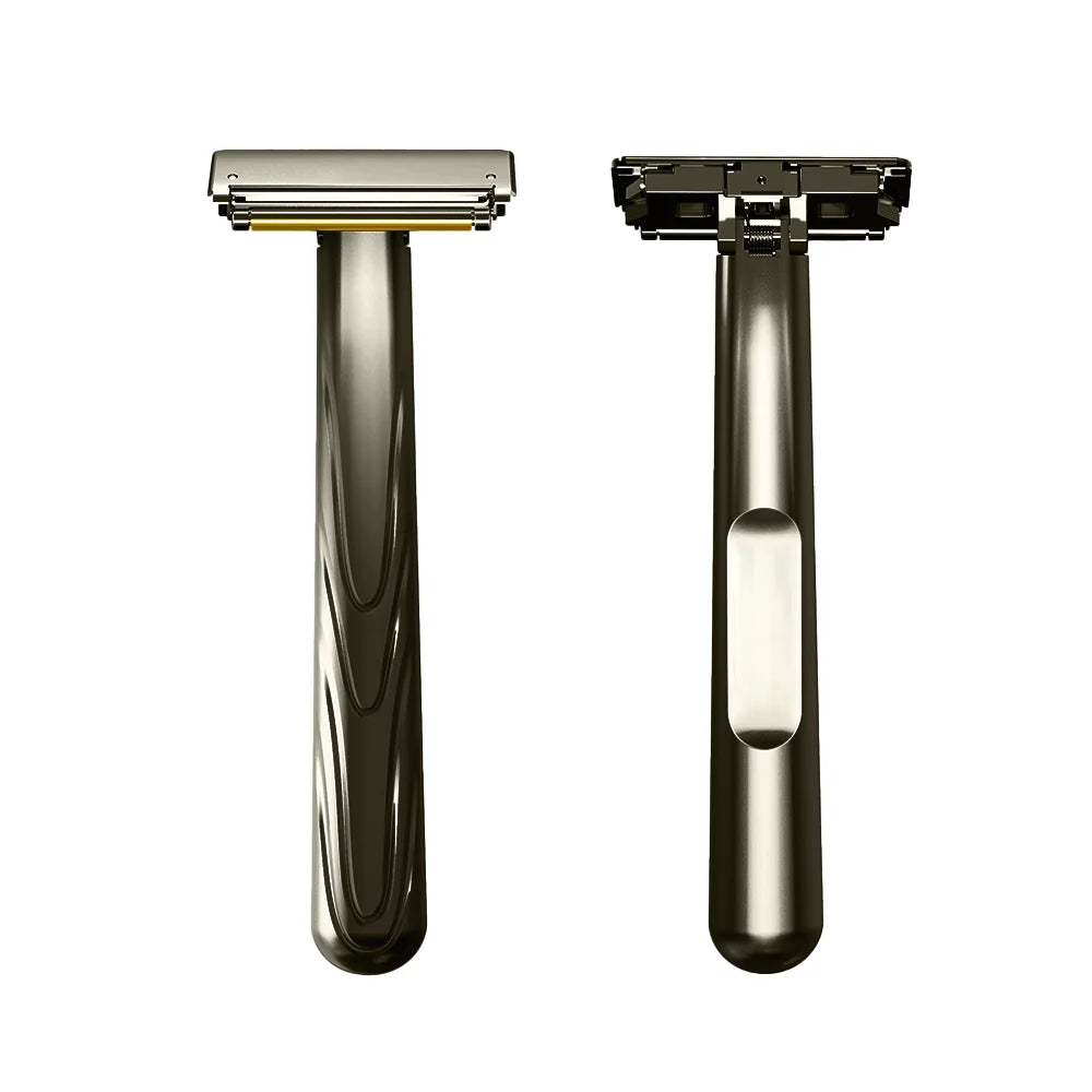 A pair of black double-edge safety razors shown side by side.