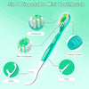 A green and white 5-in-1 disposable mini toothbrush set showing a brush, tongue scraper, floss, and pick.