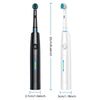 A black and white rotary electric toothbrush with a blue head shown next to its dimensions.