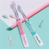 A set of kids electric toothbrushes in pink and blue with various brush heads and a timer visible on a light green background