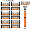 A collection of twelve razor blades with orange handles and a silver handle, displayed vertically.