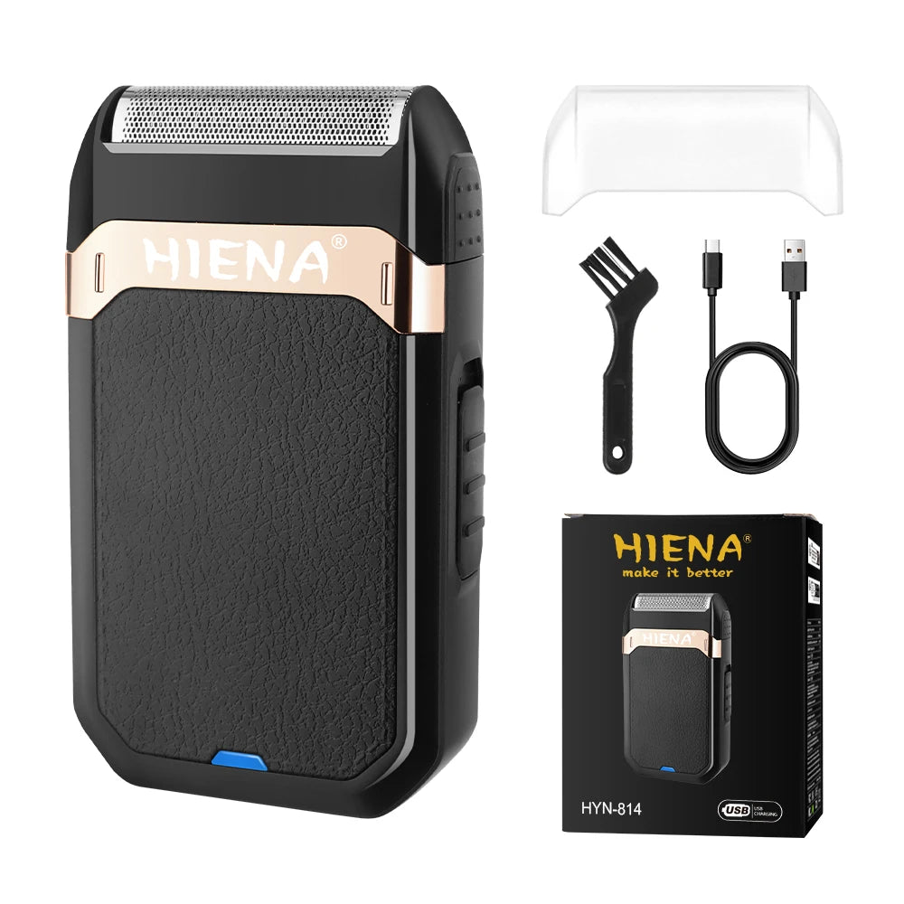 A black HIENA cordless hair trimmer kit shown with a separate comb and charging cable.