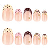 Collection de 24 kits de ongles fleurs à amande press-on avec finis roses et bruns brillants à pois.