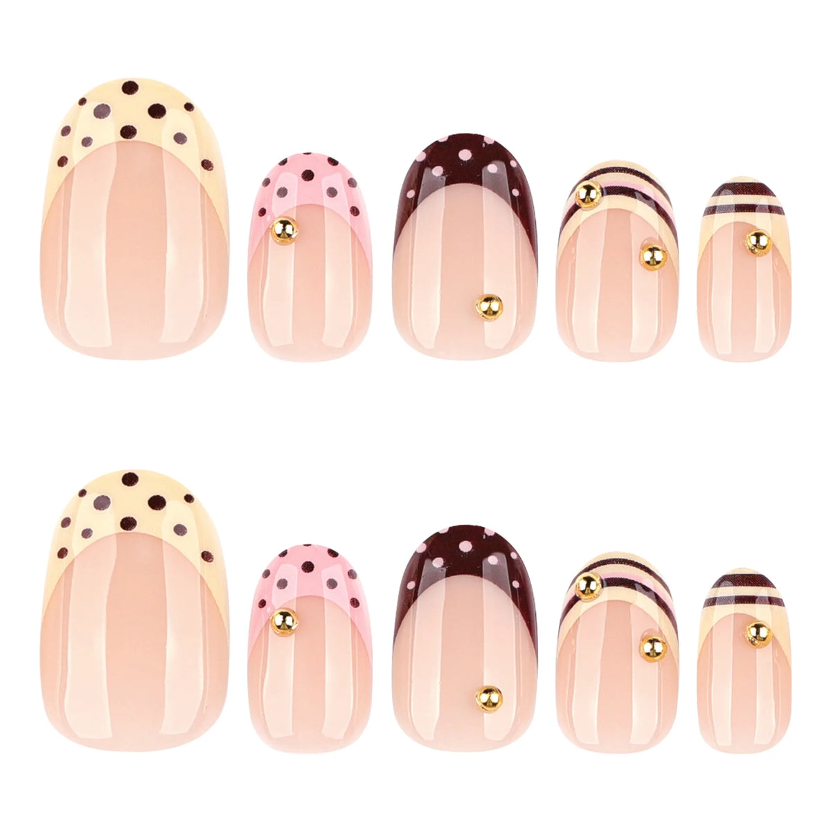 Collection de 24 kits de ongles fleurs à amande press-on avec finis roses et bruns brillants à pois.