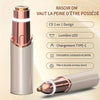 A silver electric shaver with a rose gold handle and LED light, shown next to its disassembled components.