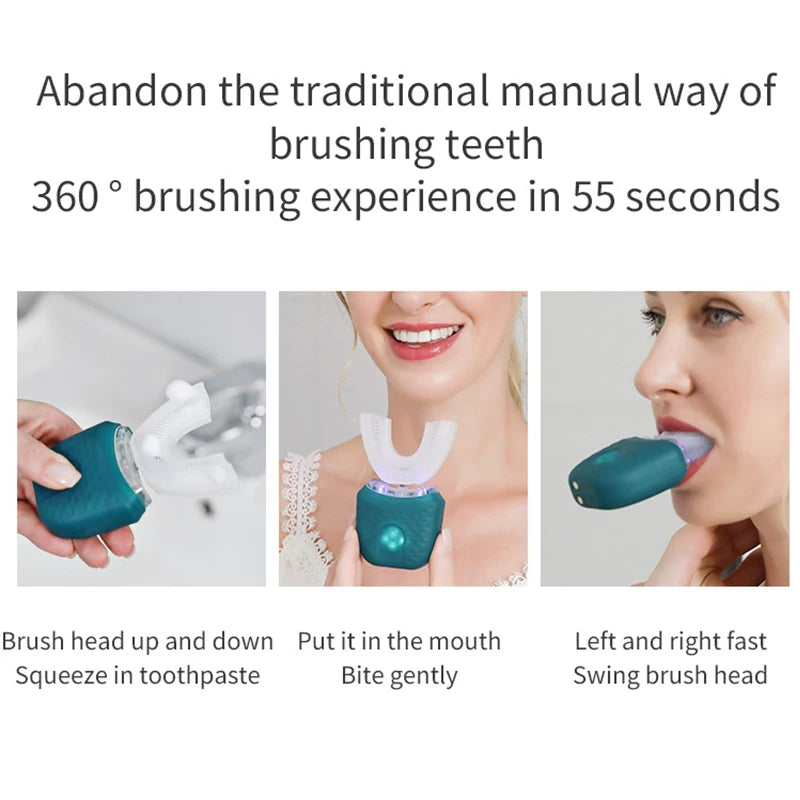 Demonstration of a 360 degree brushing experience using an ultrasonic electric toothbrush in a 55 second method.