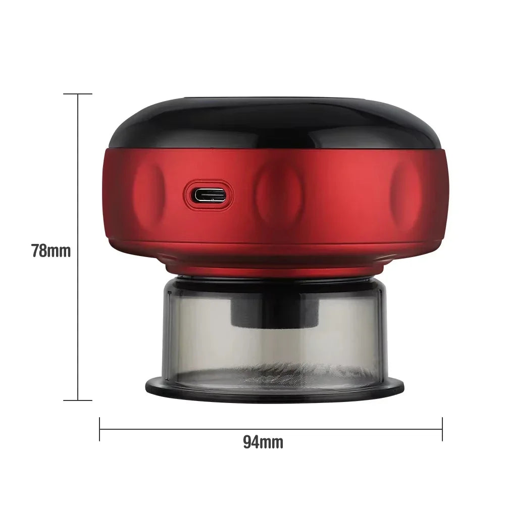 A red and black electric cupping set with a glass cup base shown from above.