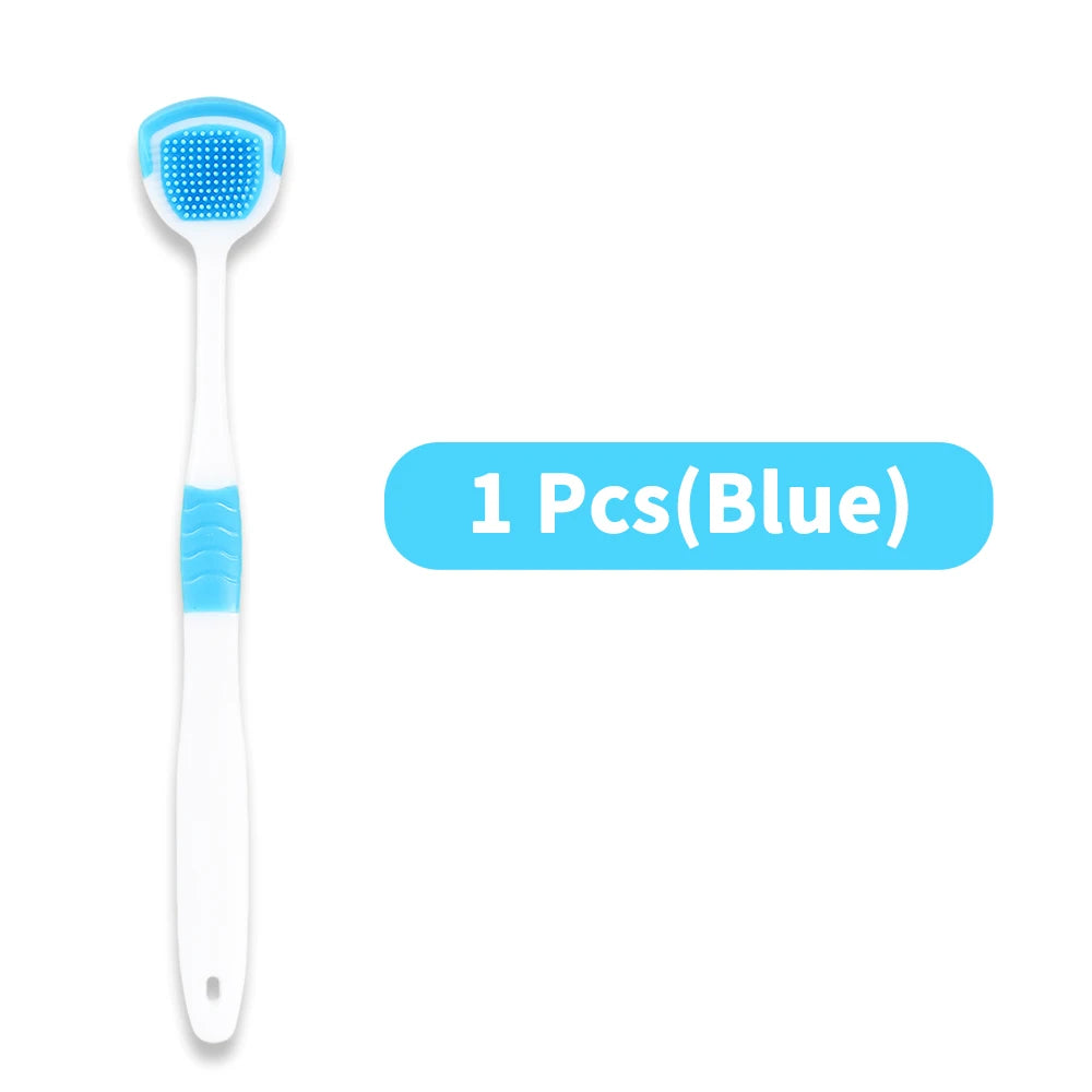 A white reusable tongue scraper with a blue silicone head, shown against a white background.