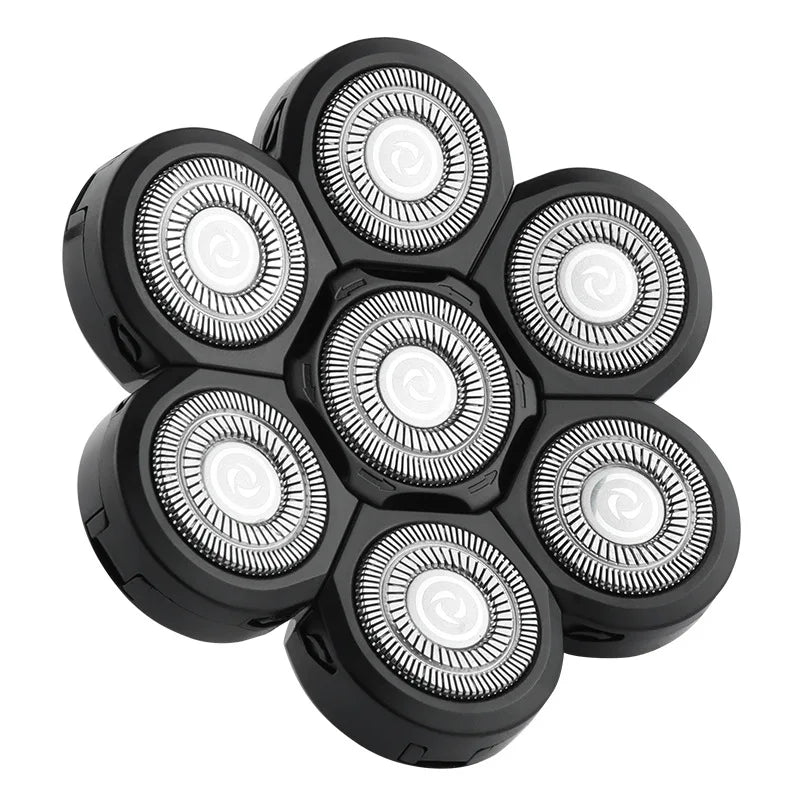A black precision electric razor head with multiple rotating blades visible from above.