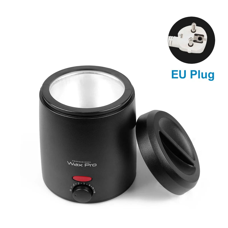 Schwarzer professioneller Wachsschmelztopf mit EU-Stecker und separatem Deckel auf weißem Hintergrund.