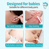 Ensemble de cotons-tiges multifonctionnels à double extrémité pour bébés, montrant les usages pour les oreilles, les intersti