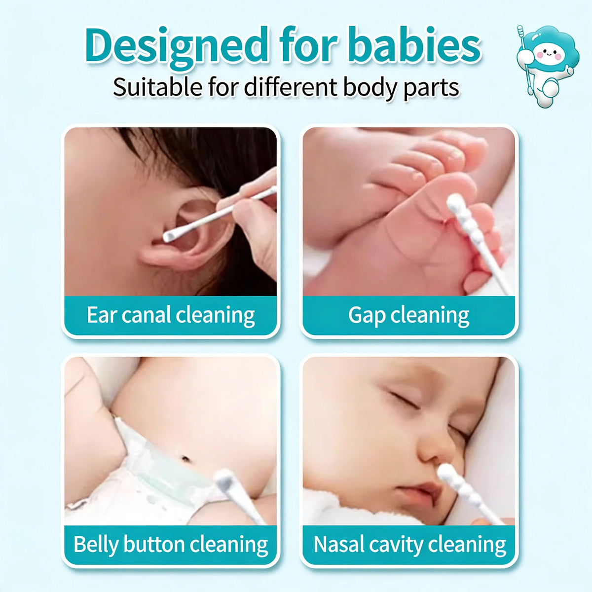 Ensemble de cotons-tiges multifonctionnels à double extrémité pour bébés, montrant les usages pour les oreilles, les intersti