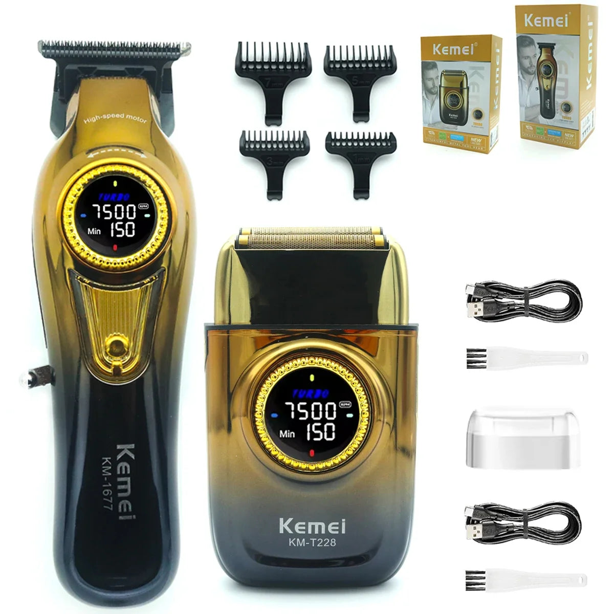 A set of Kemei cordless hair clippers, including a main unit, attachments, and charging cables.