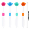 Cuatro raspadores de lengua de silicona en rosa, azul, verde menta y naranja, exhibidos verticalmente con una escala de medic