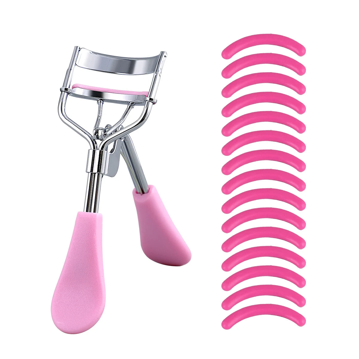 A professional stainless steel eyelash curler set with pink silicone curlers.