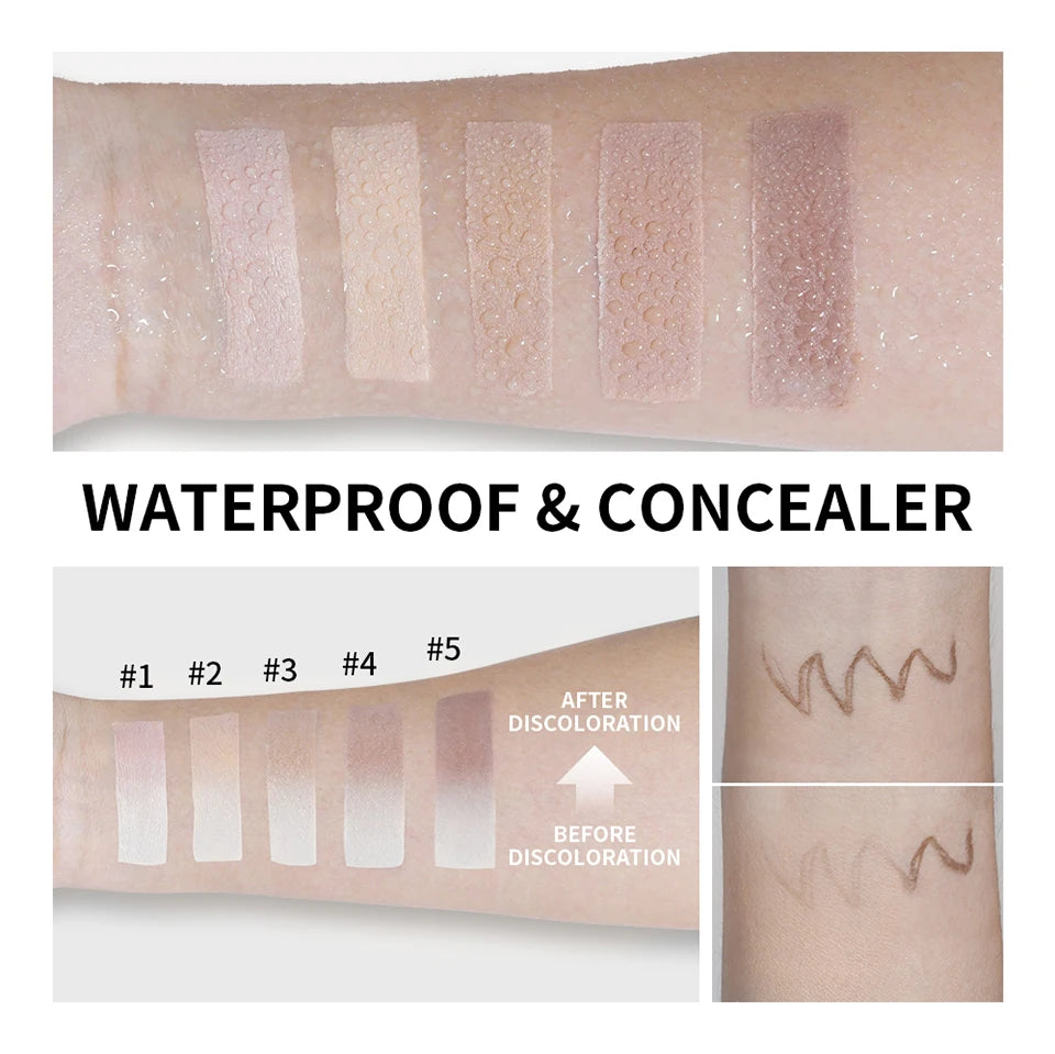 Une rangée de cinq teintes de correcteur waterproof montrant la décoloration sur la peau.