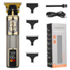 A professional cordless hair clipper kit featuring a gold and silver body with black attachments and a box.