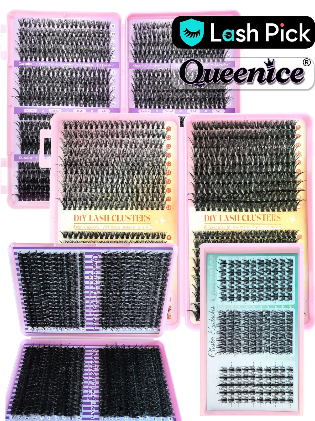 Collection de kits de pinces pour cils Queenice, montrant divers styles et clusters de extensions de cils individuels.