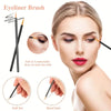 A model demonstrates an eyeliner brush, showing its soft fur and hard hair texture.