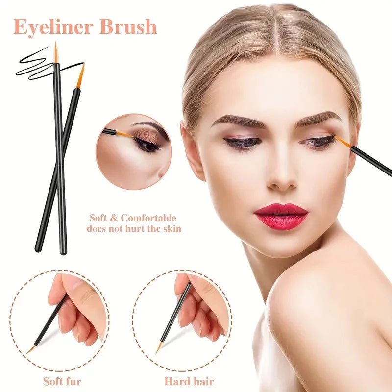 A model demonstrates an eyeliner brush, showing its soft fur and hard hair texture.
