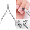 A set of professional stainless steel cuticle nail nippers shown in various angles.