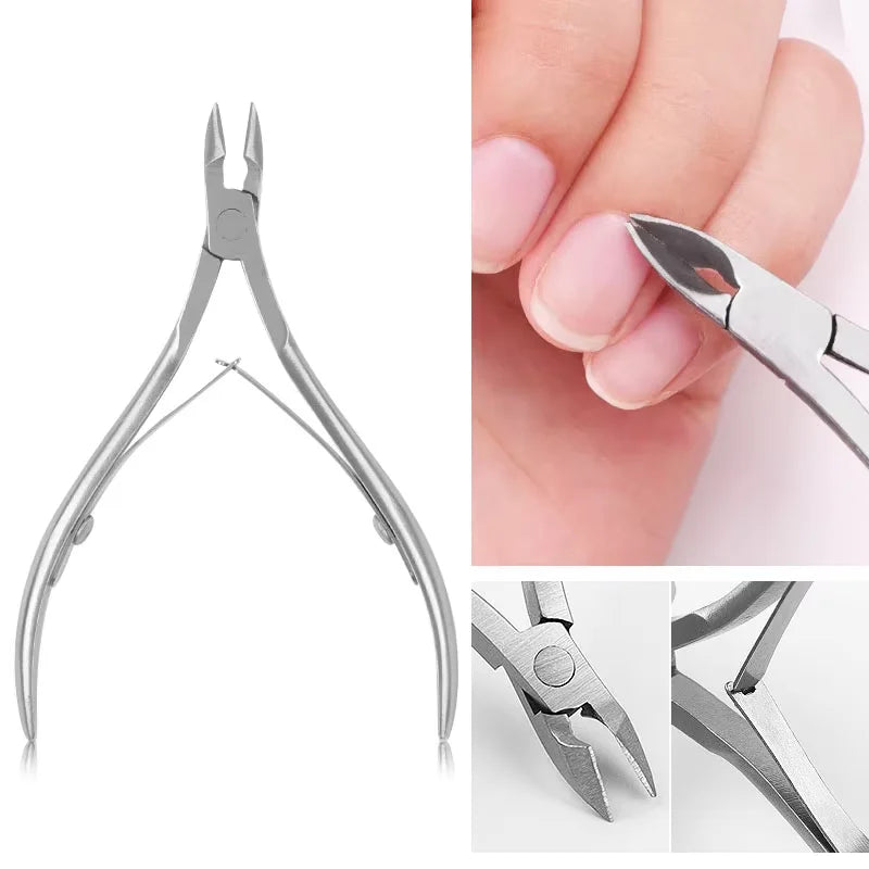 A set of professional stainless steel cuticle nail nippers shown in various angles.