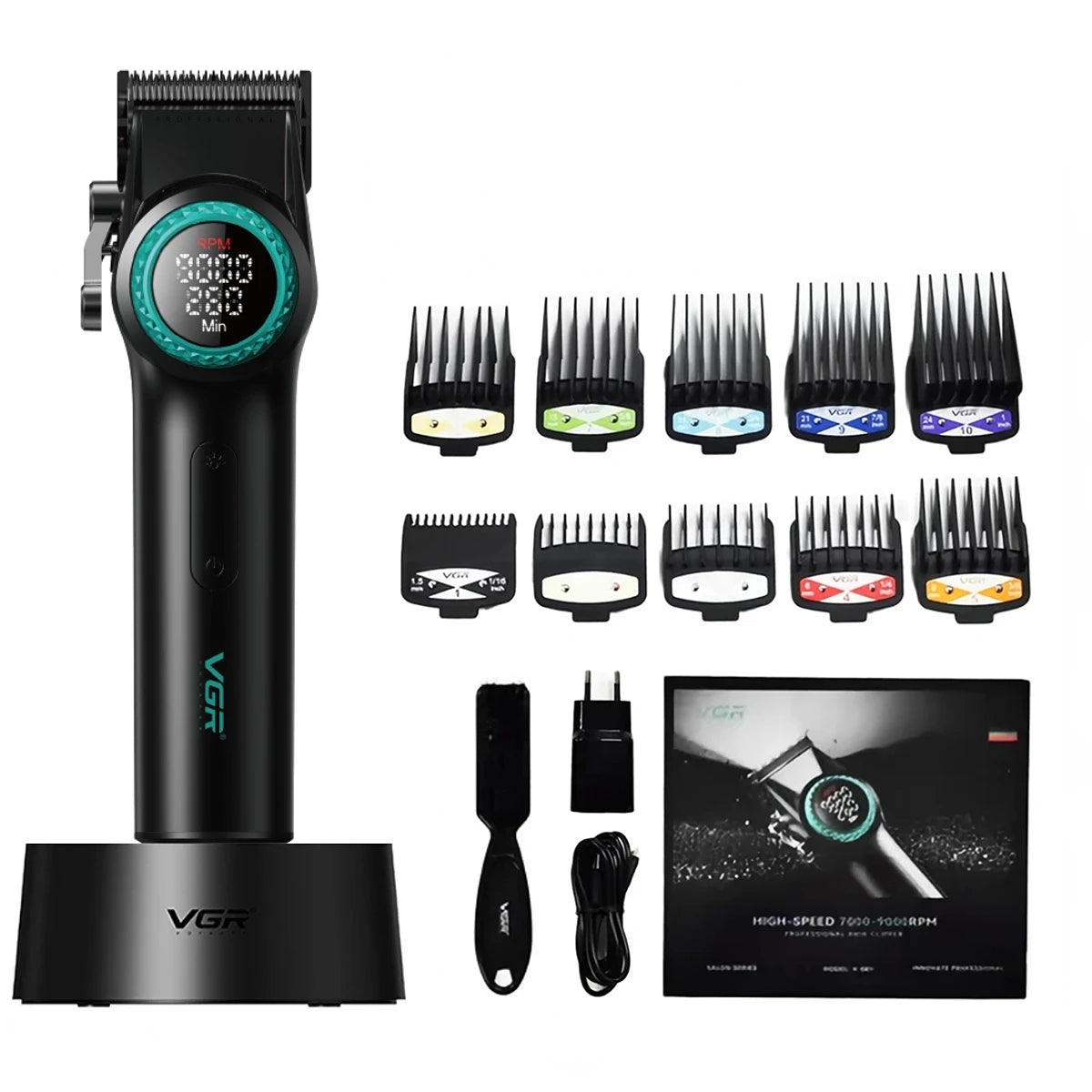 A black professional rotary hair trimmer with an adjustable blade and various attachments shown on a white background.