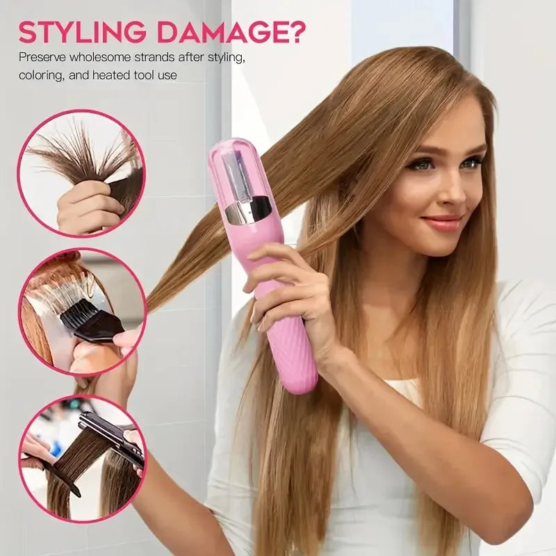 A woman is using a pink cordless hair styling tool on her long blonde hair, demonstrating hair preservation.