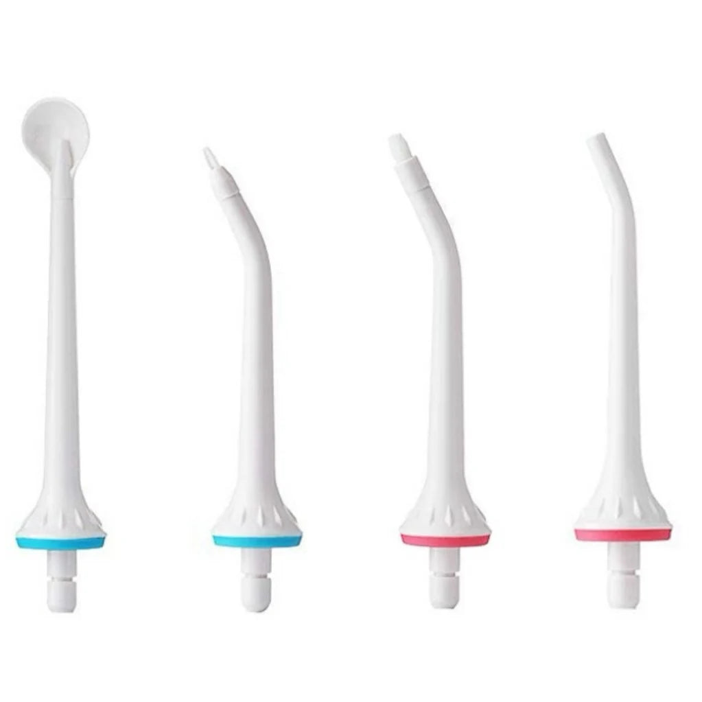 A pack of four white replacement tips for a water flosser oral irrigator