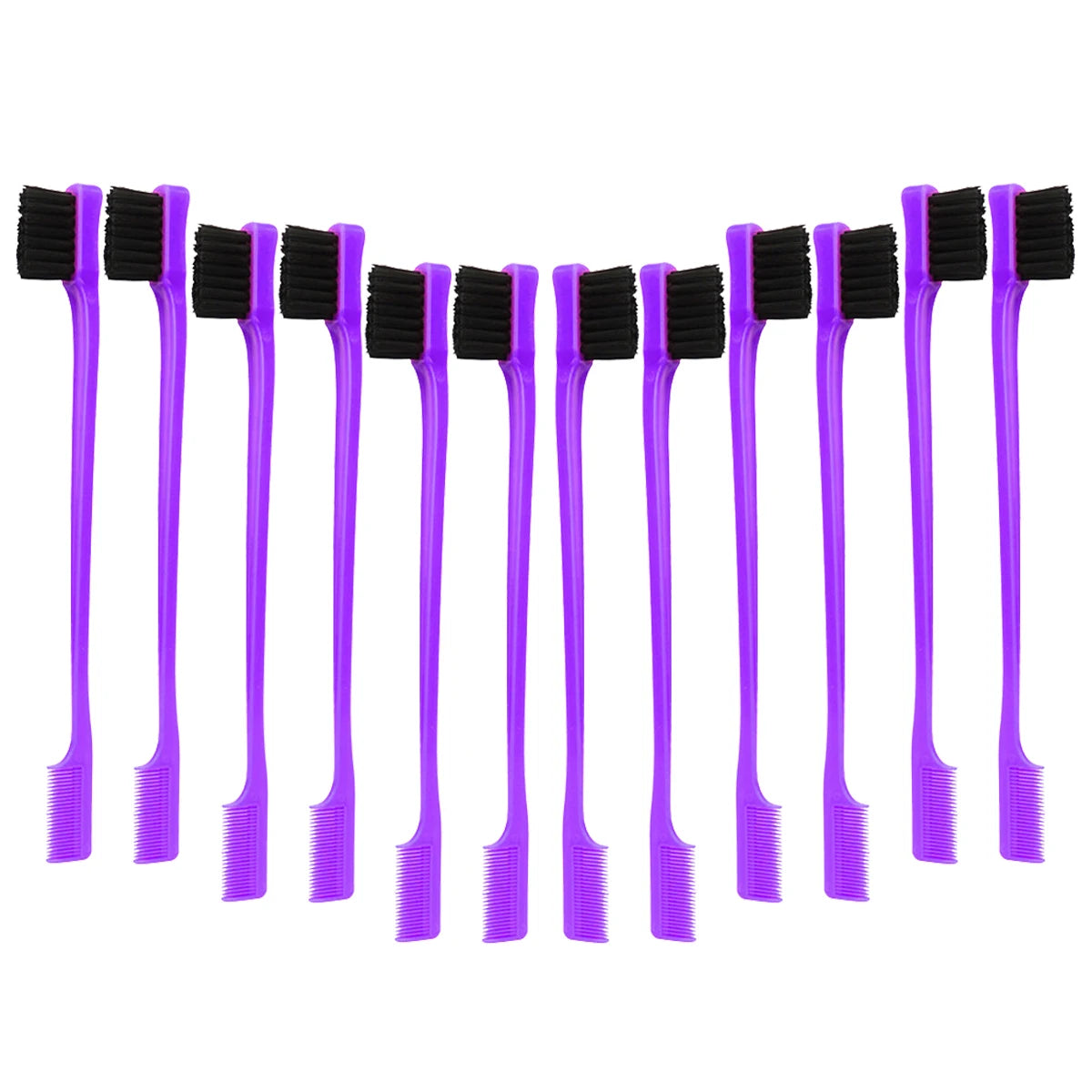 Un juego de doce brochas para el cabello morado con cerdas negras para control de los bordes