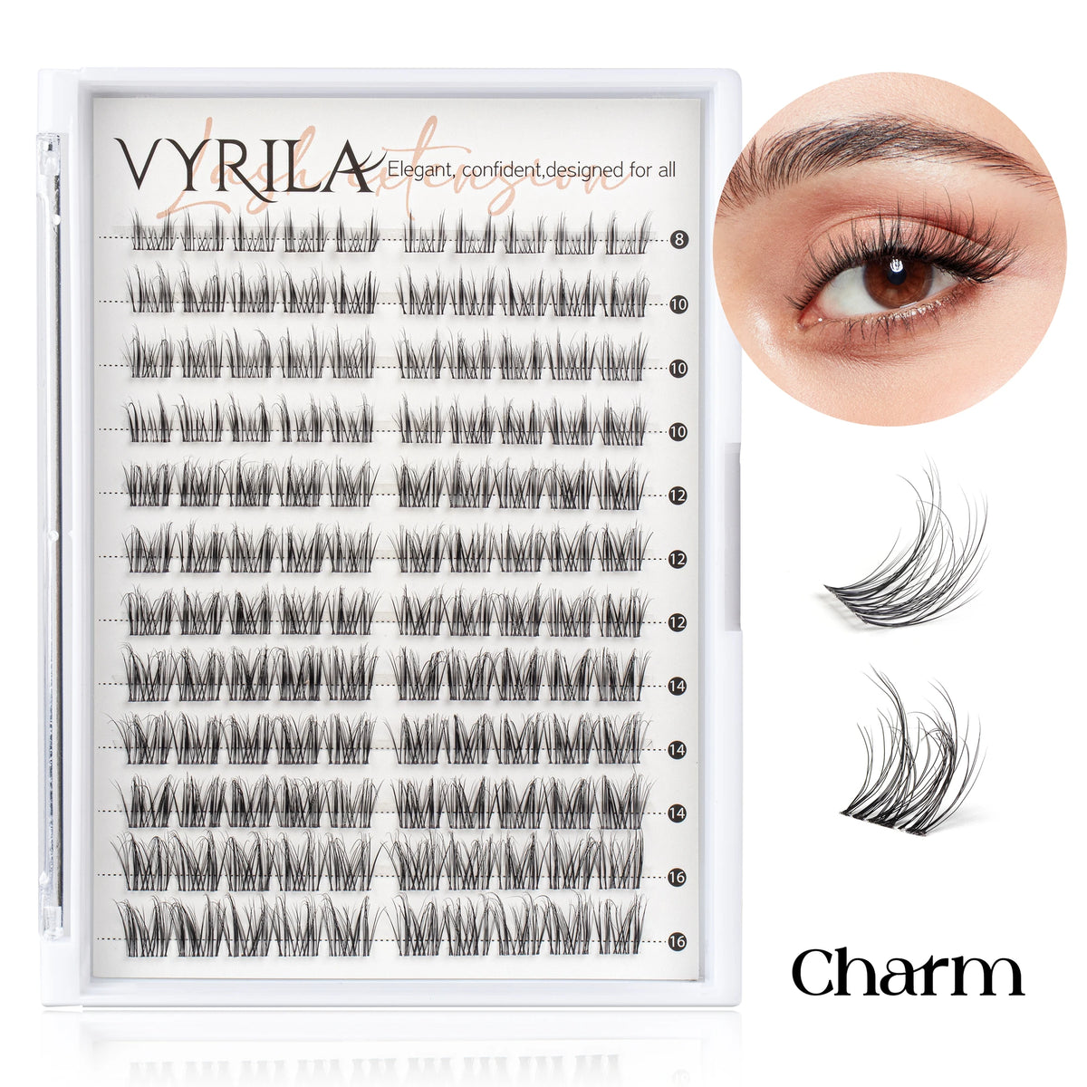A display of various eyelash clusters in different lengths and styles for cosmetic use.