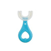 A pair of light blue silicone U-shaped toothbrushes with white bristles.