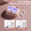A pink cleaning case for contact lenses with two cleaning discs and a ring, shown before and after use.