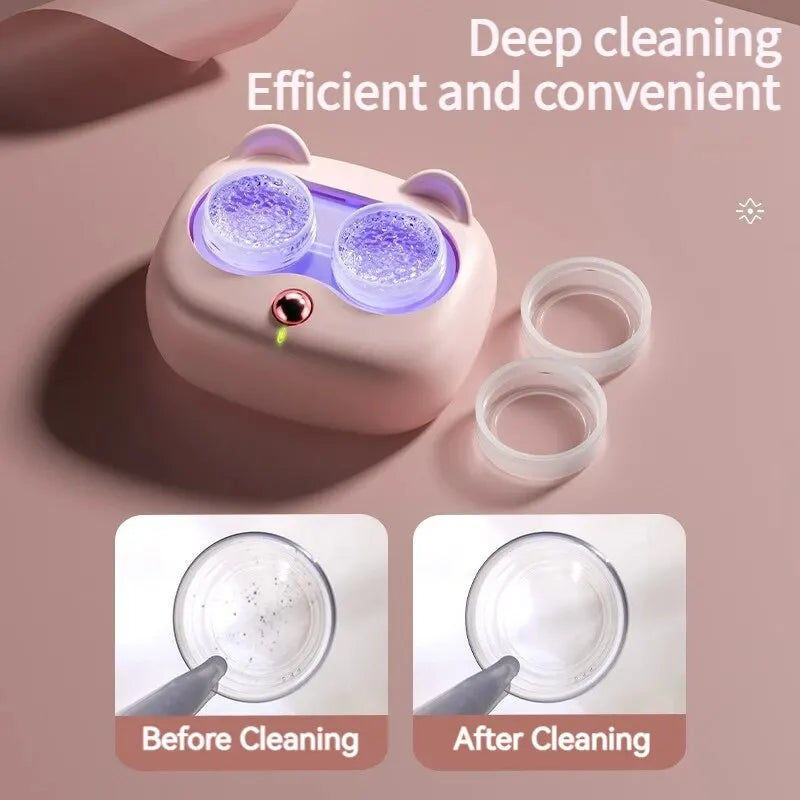 A pink cleaning case for contact lenses with two cleaning discs and a ring, shown before and after use.