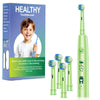 A green kids sonic electric toothbrush with a cartoon design is shown next to its packaging.