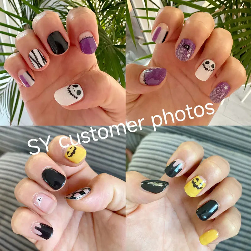 Close-up photos of hands displaying various Halloween themed UV gel nail stickers and decals on fingernails.