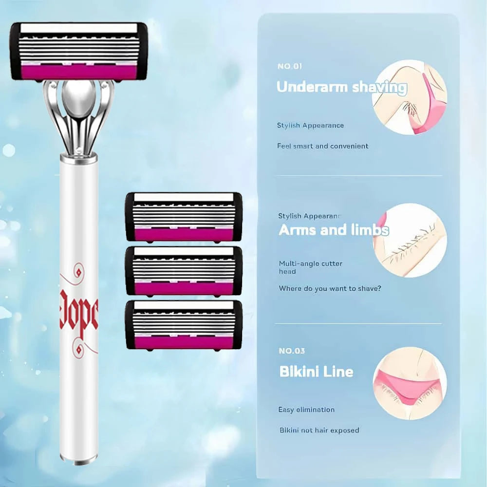 A set of three purple and silver electric shavers, including an underarm shaver, an arm/limb shaver, and a bikini line shaver