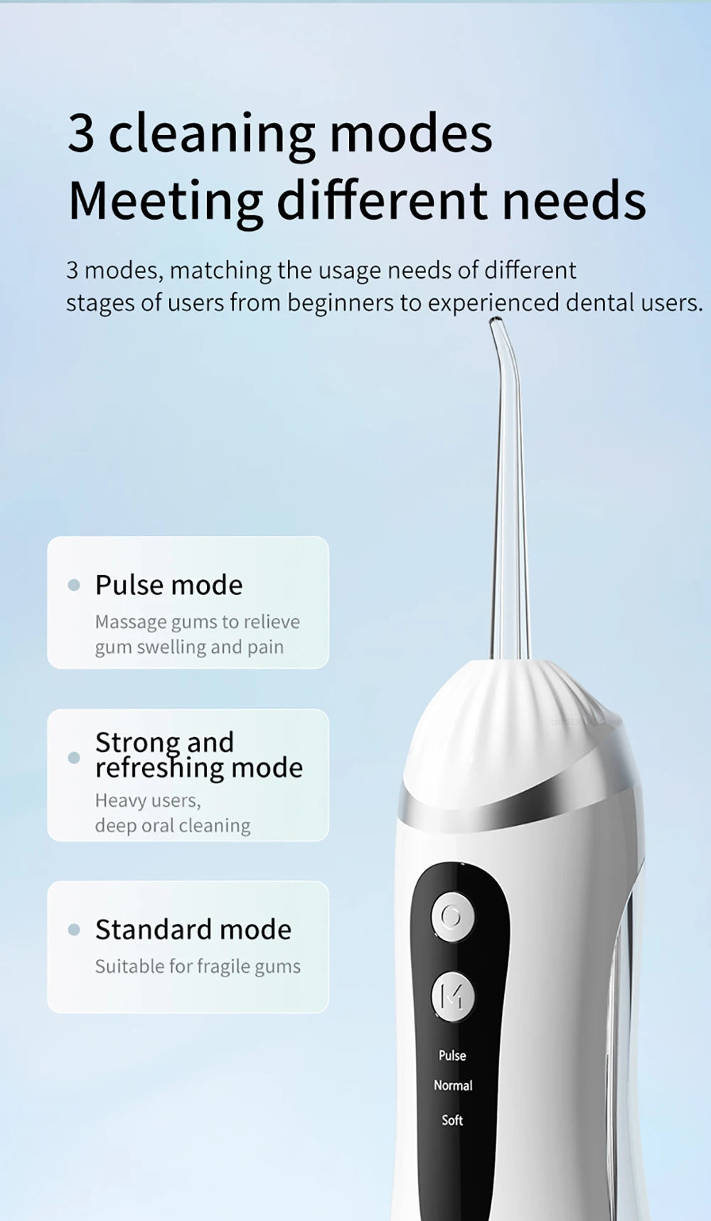 A white portable oral irrigator device showing three cleaning modes: Pulse, Strong and refreshing, and Standard.
