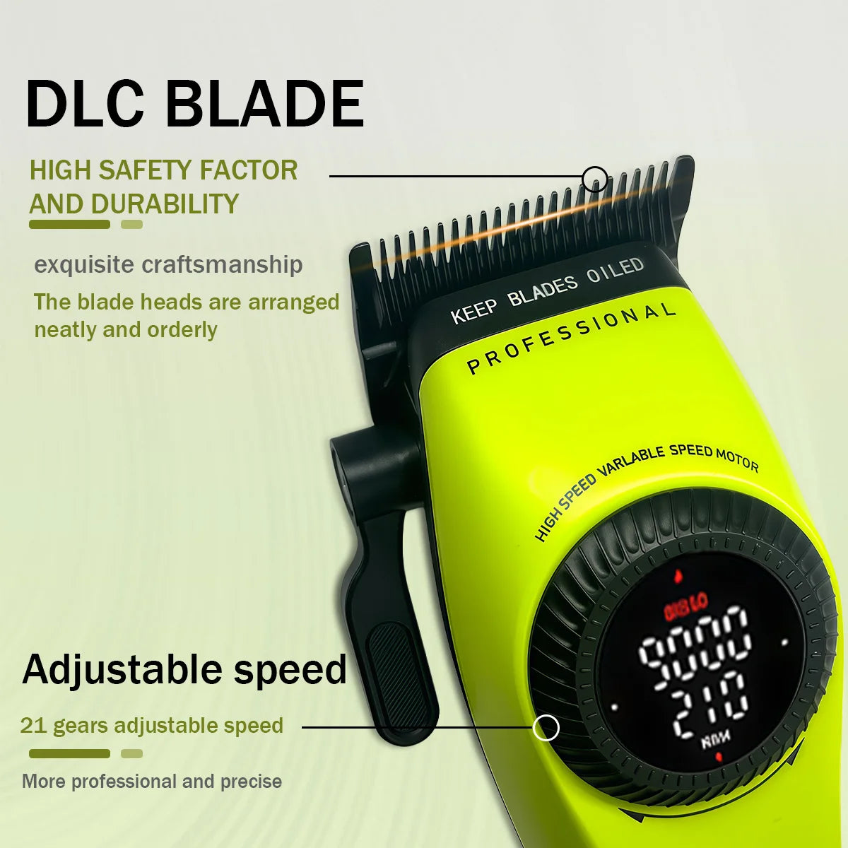 A close-up of a yellow professional cordless hair clipper with adjustable speed settings and blade heads.