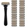 A black manual razor with three layers of orange and white blades for men