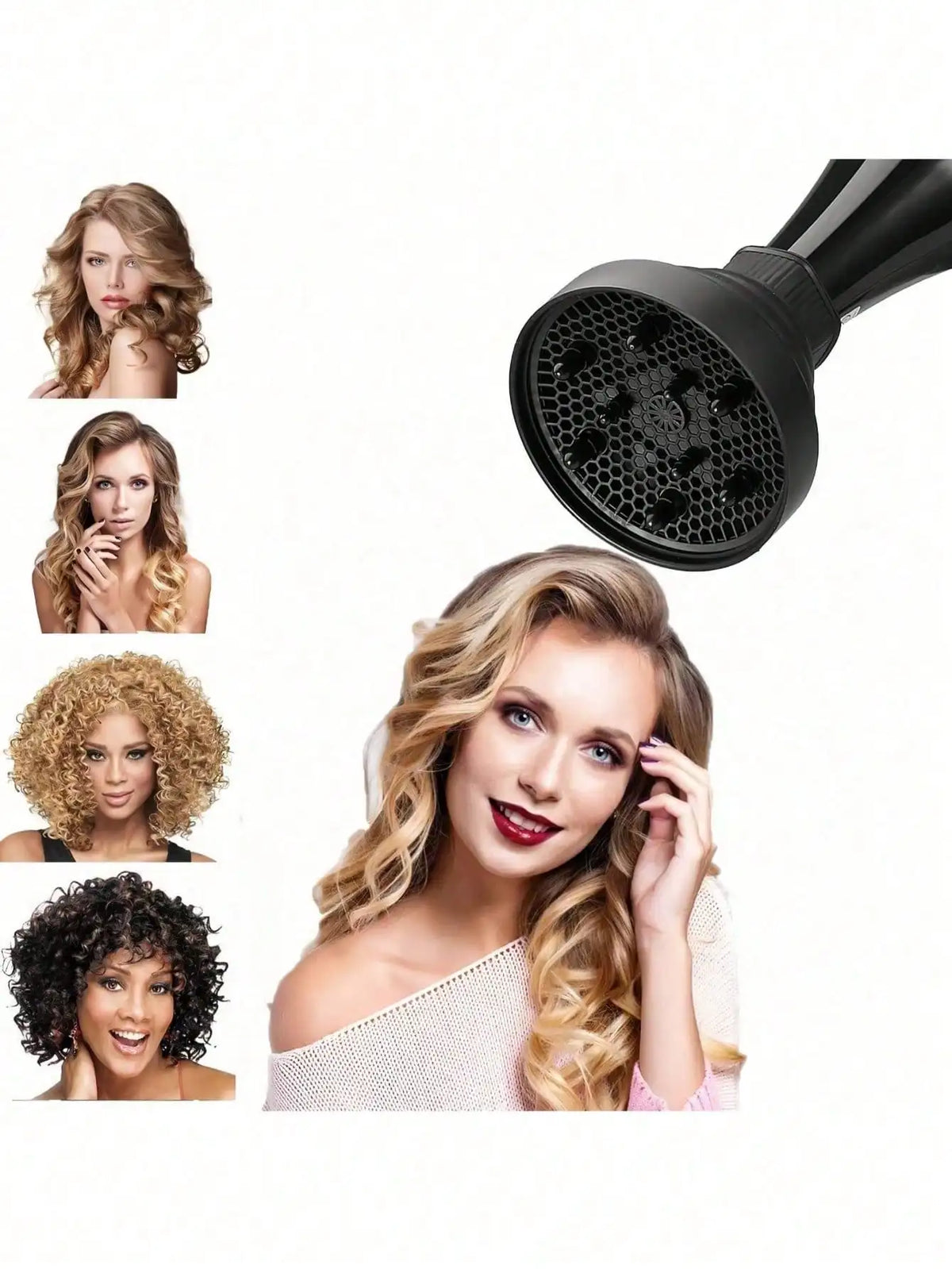A collection of women with various hairstyles demonstrating the silicone diffuser cover for hair dryers.