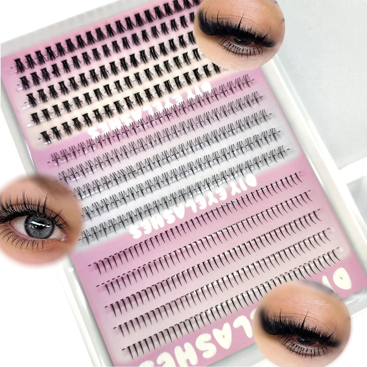 A display of DIY Wispy Extension Eyelashes showing various lash styles and lengths.