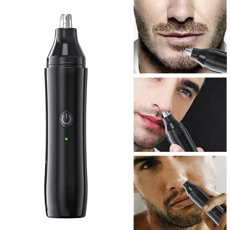A black fully automatic rechargeable electric nose and ear trimmer shown in various close-up shots.