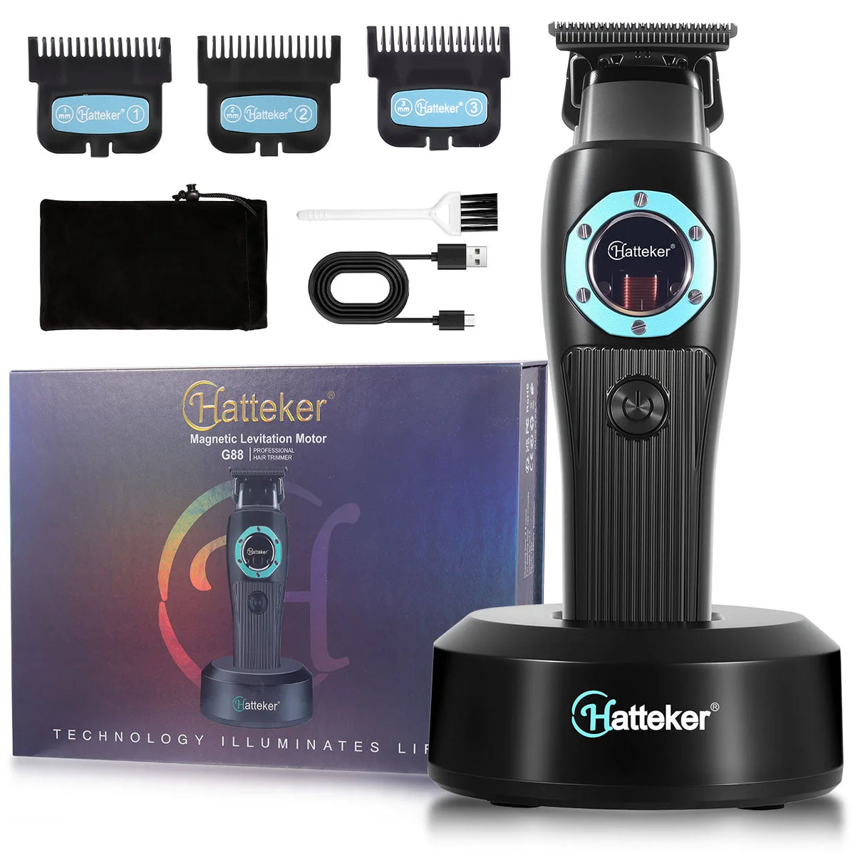 A black electric shaver with magnetic levitation technology and accessories displayed on a box.