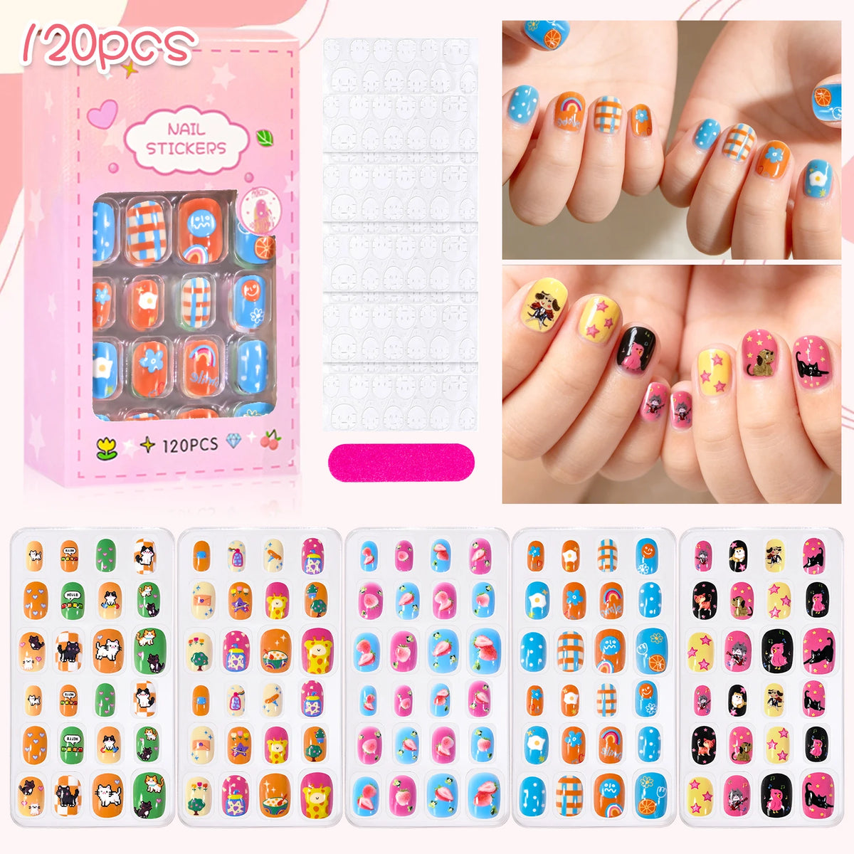 Colección de 120 uñas postizas prensables para niños en varios colores y diseños, mostradas en una caja.