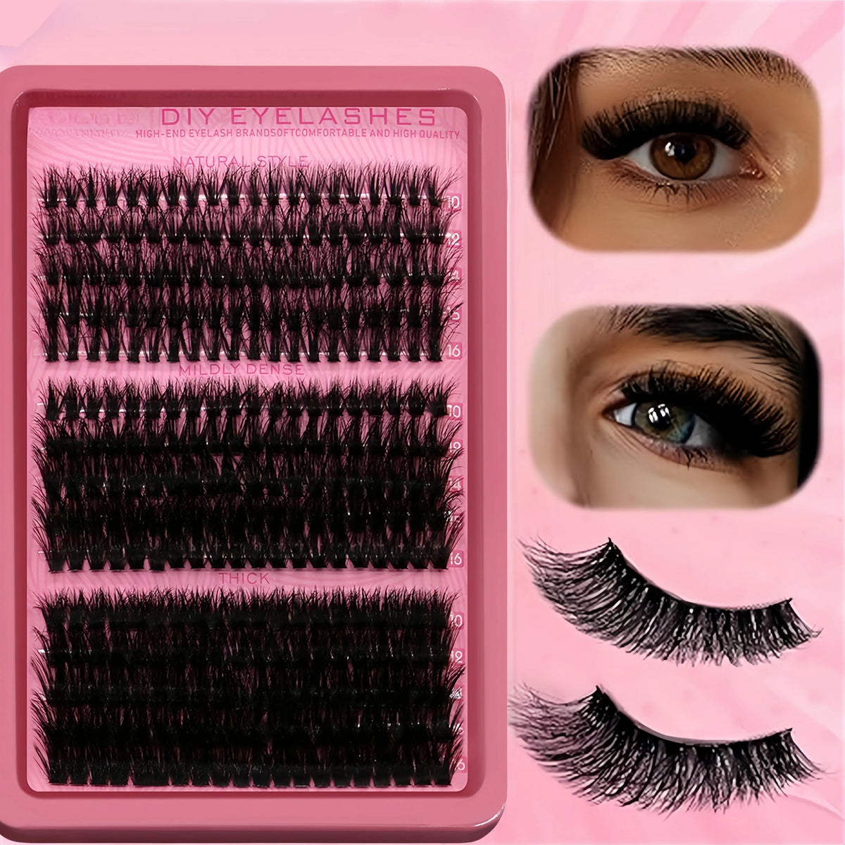A pink cosmetic case displaying various DIY eyelashes with different lengths and clusters.